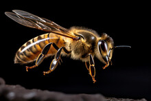 Flying Honey Bee, Black Background
