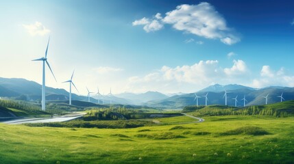 Wind turbine farm power generator in beautiful nature landscape for production of renewable green energy. Generative AI