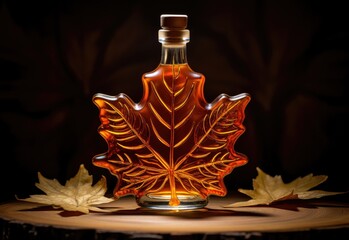 maple syrup bottle with maple leaves on wood, isolated on black background