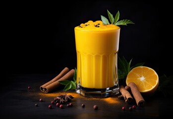 Sticker - Turmeric juice with orange, cinnamon and leaves isolated on black background