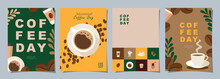 Set Of International Coffee Day Banner, 1st October Holiday. Geometric Simple Minimalistic Horizontal Greeting Flat Style For Banner, Poster, Background. Vector Illustration.