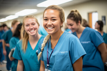 Wall Mural - Nursing students in a busy hospital corridor