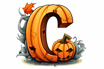 Orange colored Halloween alphabet, pumpkin letter C isolated on white background, creative autumn font design for poster, banner, greeting card. Generative AI. 