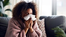 Sick Woman Blowing Her Nose On A Cold Winter Day