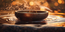Tibetan Singing Bowl, Wooden Mallet, Resonating Sound Waves Visible As Ripples In Water Inside The Bowl