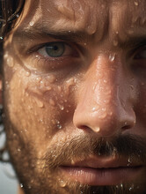 Closeup Of A Surfer's Face, Capturing The Moment Right Before The Wave Crashes, Detailing The Spray Of The Ocean, Salty Water Droplets Visible
