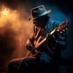 Bluesman play on guitar blues rock under stage light. Festival music concert with songs. Black skin guitarist in hat. Retro style.