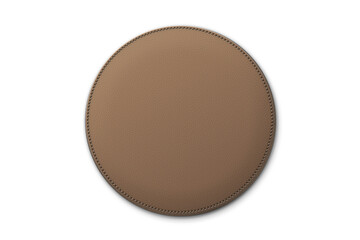 Brown leather label circle shape with stitches. Leather patch with seam. Vector realistic illustration on white background.