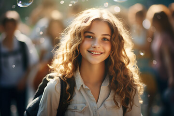 Wall Mural - Very happy girl waiting at the school entrance. Teenager that is ready for back to school. 