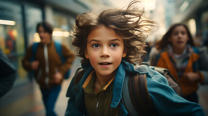 Wall Mural - portrait of kids running in the hallway of school. 