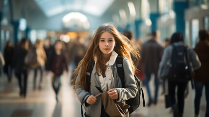 Wall Mural - portrait of a girl walking in the hallway of school. 