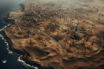 generative ai,top view aerial of windmills. environmental problem. drone view above natural landscap