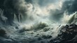  a painting of a large body of water surrounded by waves.  generative ai