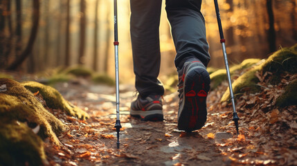 male hiker walking with hiking pole in forest