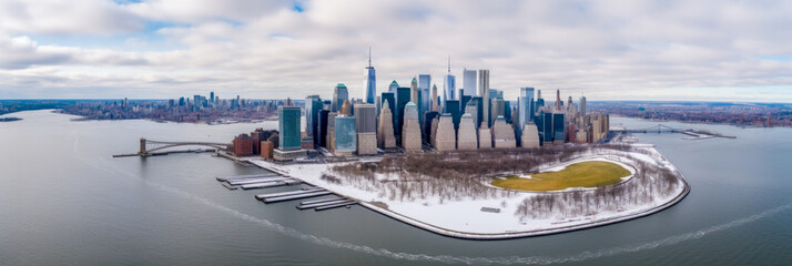 Wall Mural - Bird's eye view of New York City in winter - Generative AI