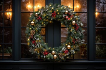 Christmas holiday wreath hanging on a door, adorned with shimmering ornaments and twinkling lights