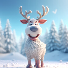 Christmas Reindeer In The Snowy Forest. 3D Illustration