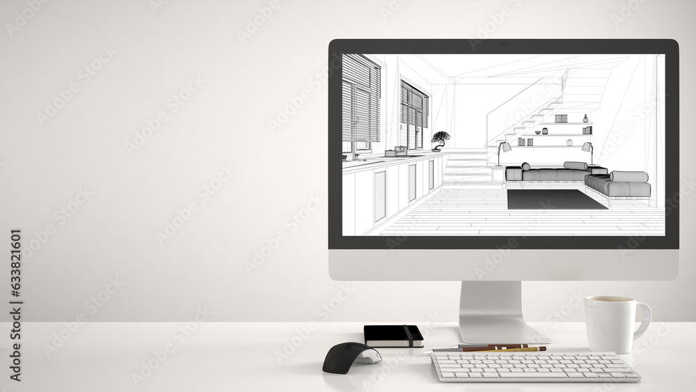 Architect house project concept, desktop computer on white background ...