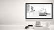 Architect house project concept, desktop computer on white background, work desk showing CAD sketch, minimalist kitchen and living room, interior design