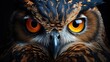  a close up of an owl's face with orange eyes.  generative ai