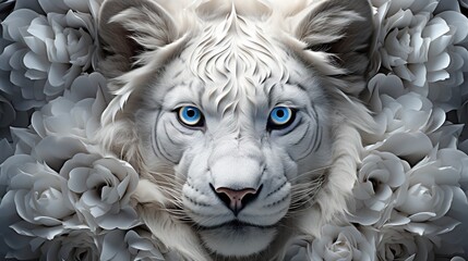 Poster -  a white tiger with blue eyes surrounded by white flowers and roses.  generative ai