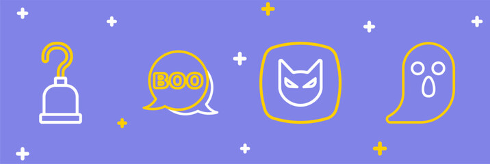 Sticker - Set line Ghost, Black cat, Boo speech bubble and Pirate hook icon. Vector