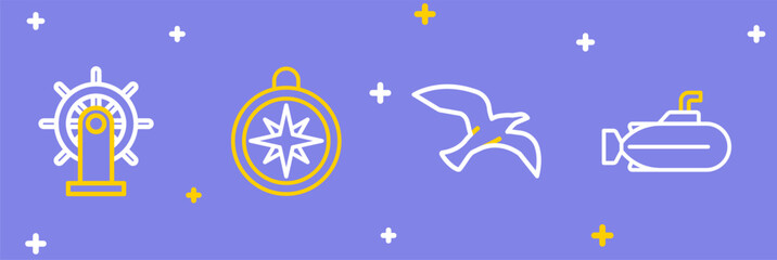 Poster - Set line Submarine, Bird seagull, Compass and Ship steering wheel icon. Vector