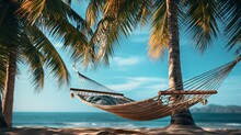  A Hammock Between Two Palm Trees On A Beach.  Generative Ai