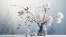  A Glass Vase Filled With White Flowers And Cotton Floss.  Generative Ai
