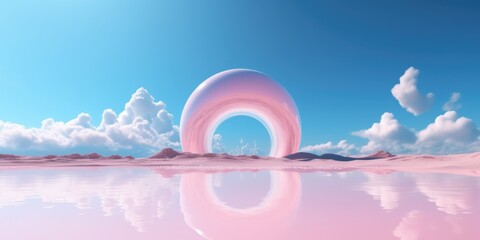 Wall Mural - 3d rendering abstract fantasy background. Surreal fantastic landscape. Blue sky, white fluffy clouds, neon round linear frame, calm water, pink sand dunes. Virtual reality paradise wallpaper