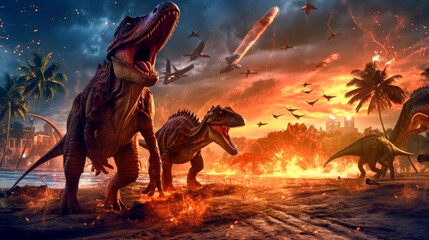 Poster - A scene from prehistory. Dinosaurs before extinction - Generative AI