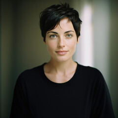 portrait de femme cheveux court yeux clairs entre 35 et 40 ans, léger sourire, regard pétillant et malicieux