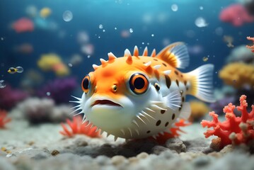 Closeup shot of colourful cute puffer fish on tho bottom of the ocean, background, banner 