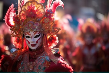 Sticker - Chinese new year. Man at festival wearing traditional Chinese masked costume