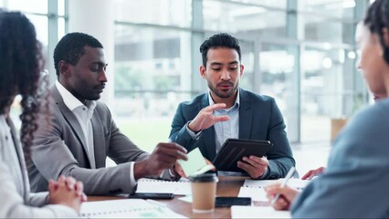 Poster - Business people, manager meeting and tablet for teamwork, planning and feedback, financial proposal and sales. Professional group of accountant or employees talking of strategy on digital technology