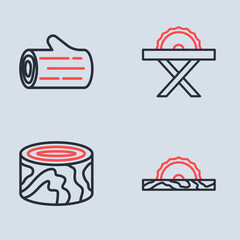 Sticker - Set line Electric circular saw, Wooden logs, and icon. Vector