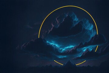 Wall Mural - stormy clouds background with neon glowing frame ring.ai generated