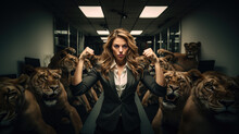 Lioness Leader Concept, With Fearless  Woman In Suit Flexing  Her Arms, Generative AI Illustration
