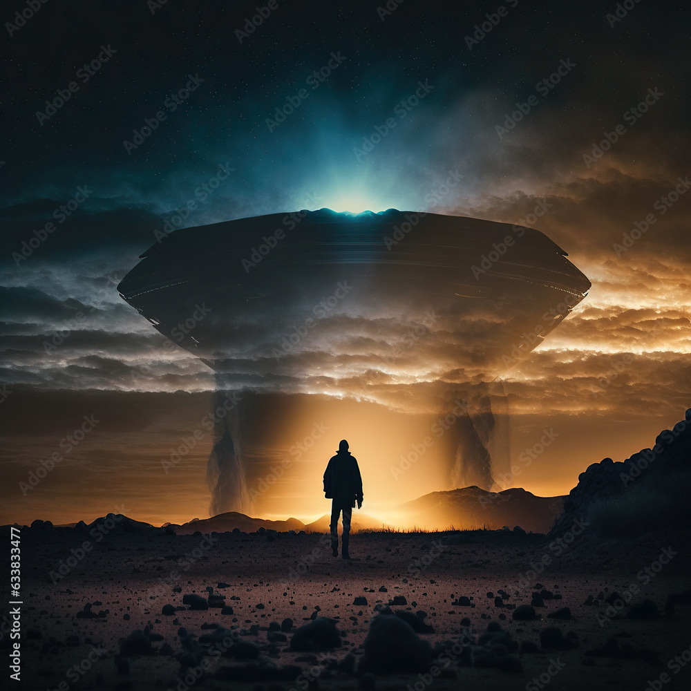 UFO flying saucer flies over people and highways. Invasion of ...
