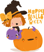 Cute Halloween Witch Sitting On Big Worm In Pumpkin. Vector Illustration
