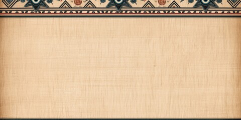 Horizontal tribal background with bronze amulet, decorative borders with ethnic pattern and canvas texture of beige color. Copy space for text