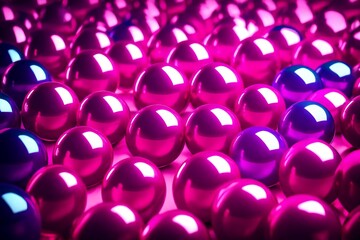 Wall Mural - Abstract realistic spheres, glossy plastic balls on toning in Viva Magenta background, 3d rendering. Trendy creative design in color of 2023.  