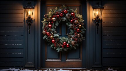 Christmas holiday wreath hanging on a door, adorned with shimmering ornaments and twinkling lights