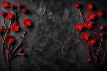Twig Of Elegant Small Red Decorative Flowers On Dark Gray Stone Background. Wedding Valentine Mothers Day Concept. Greeting Card Poster Banner Placeholder Template With Copy Space