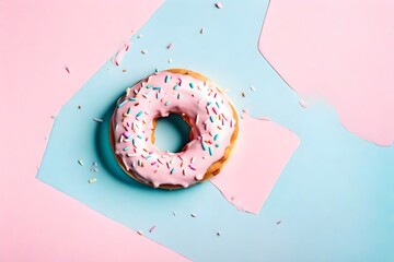 Wall Mural - One Donut With Icing on Pastel Pink Blue Background Sweet Tasty Donuts Copy Space Top View Flat Lay.