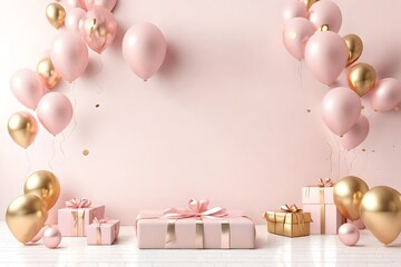 Wall Mural - Poster mock up 3d render interior scene. Pastel pink and gold balloons with gift boxes on the white floor. Glass and metal elements in illustration for social media