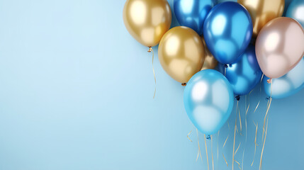 Wall Mural - Bunch of shiny blue and golden balloons on white background. birthday, wedding or other events. 