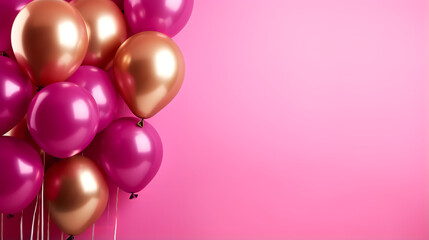 Wall Mural - Bunch of shiny pink and golden balloons on magenta background, for birthday, wedding or other events. 