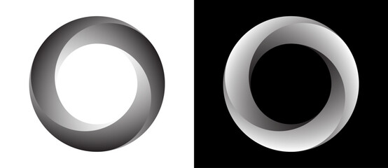 Fototapete - Circle with three segments and gradients. Logo or icon for any project. Black shape on a white background and the same white shape on the black side.