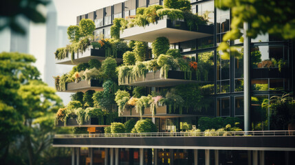 Wall Mural - Green eco-friendly building with plants and trees. Created with Generative AI technology.